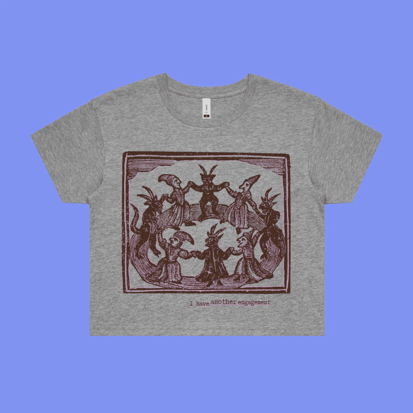 I have another engagement - grey marle crop t-shirt with medieval woodcut illustration showing witches dancing in a circle le