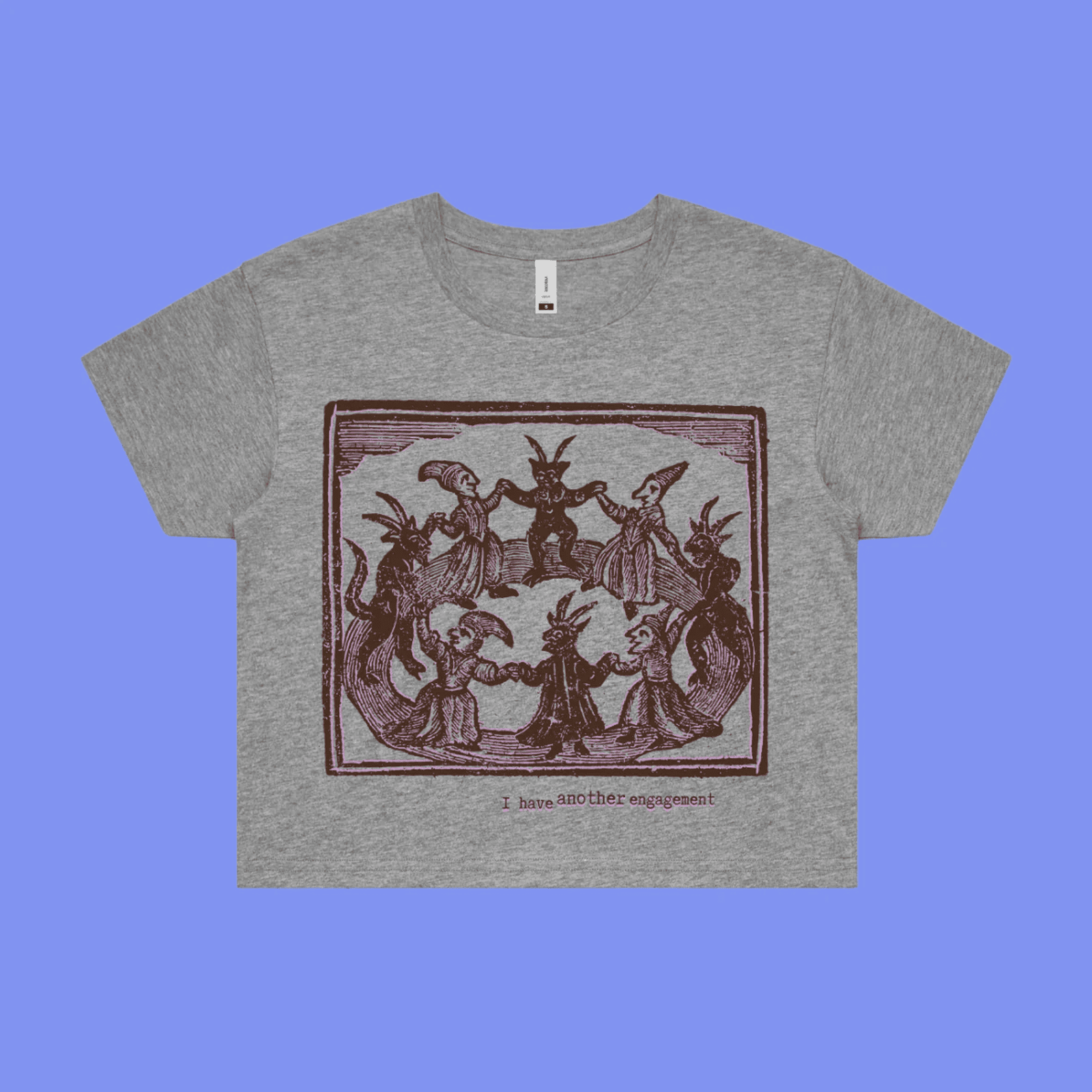 I have another engagement - grey marle crop t-shirt with medieval woodcut illustration showing witches dancing in a circle le