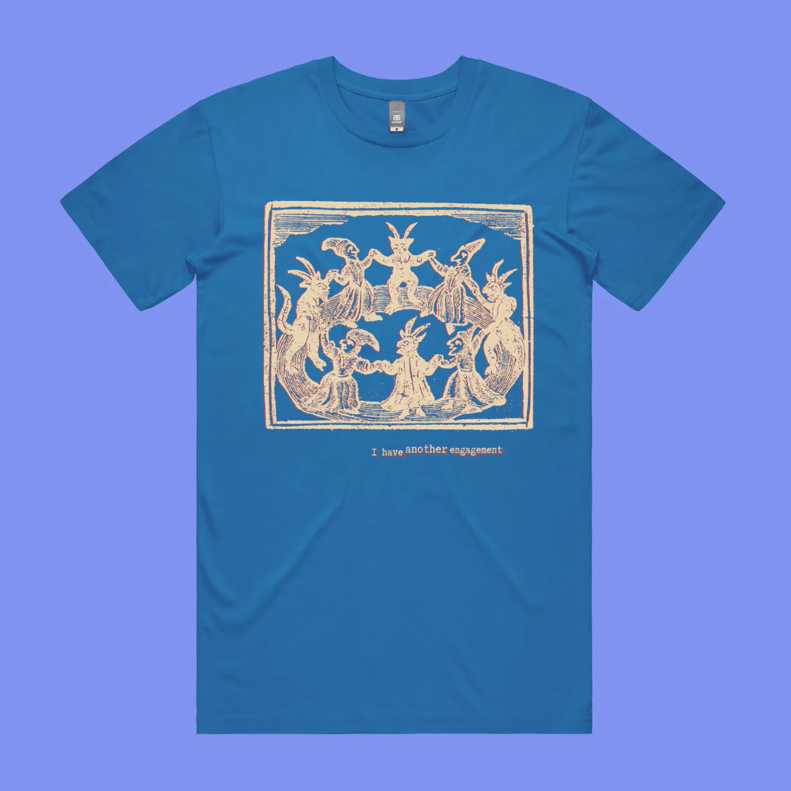 I have another engagement - arctic blue staple t-shirt with medieval woodcut illustration showing witches dancing in a circle