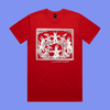 I have another engagement - red staple t-shirt with medieval woodcut illustration showing witches dancing in a circle led by 