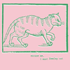 Detail of design of "excuse me, I must feed my cat" tee in green with white highlight on pink background.