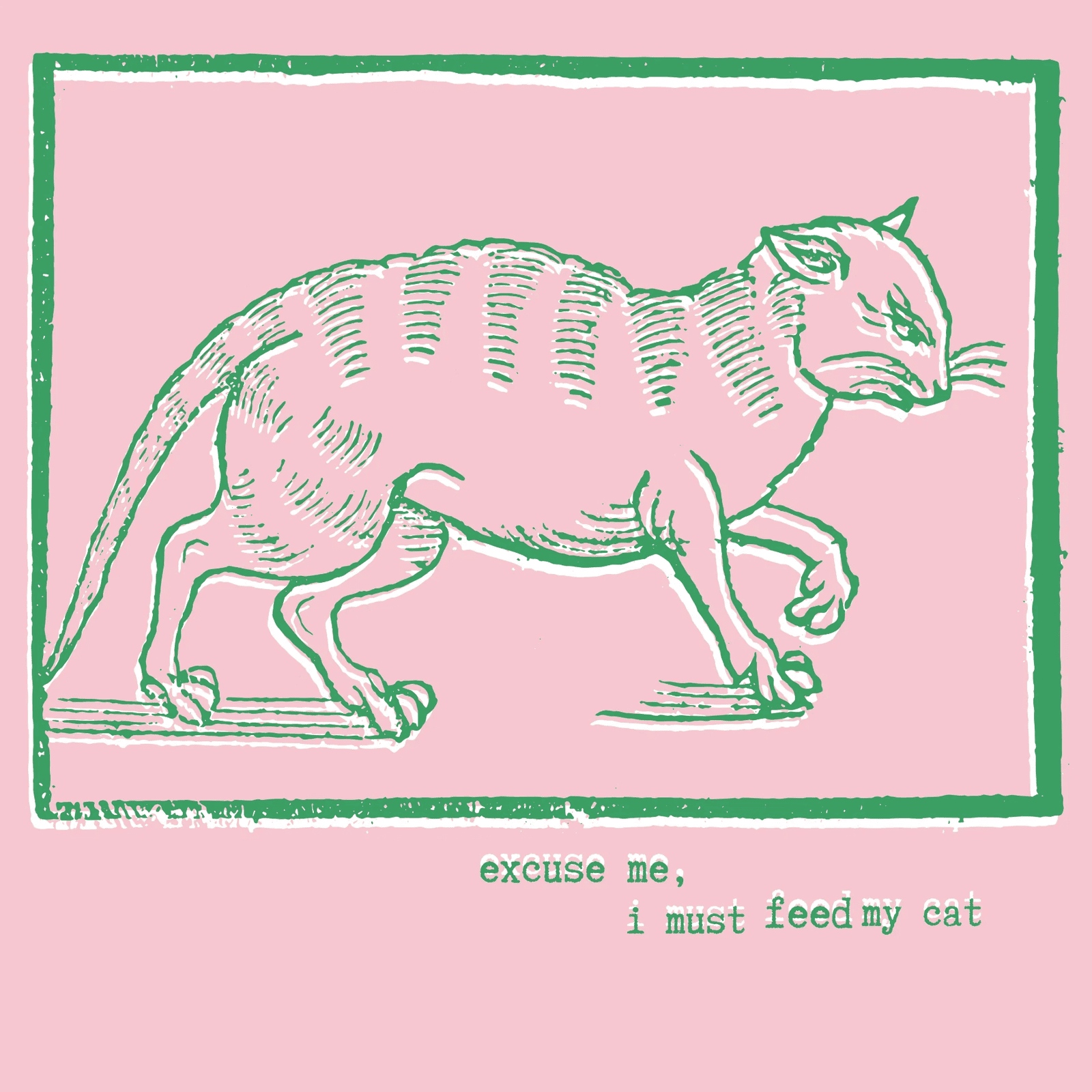 Detail of design of "excuse me, I must feed my cat" tee in green with white highlight on pink background.