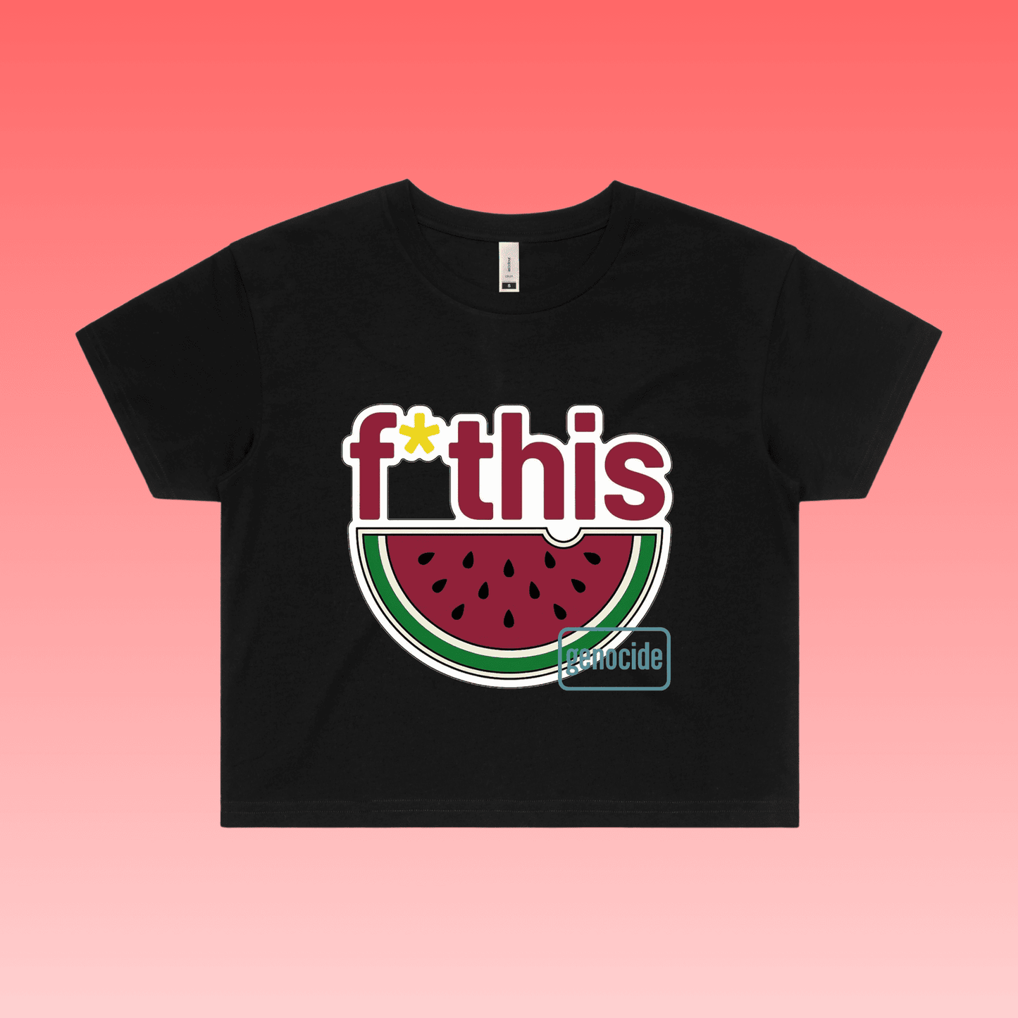 fruity - black crop women’s unisex t-shirt featuring “f*this genocide” text with stylised watermelon illustration