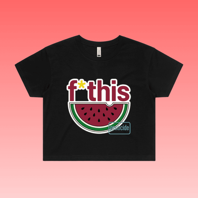 fruity - black crop women’s unisex t-shirt featuring “f*this genocide” text with stylised watermelon illustration