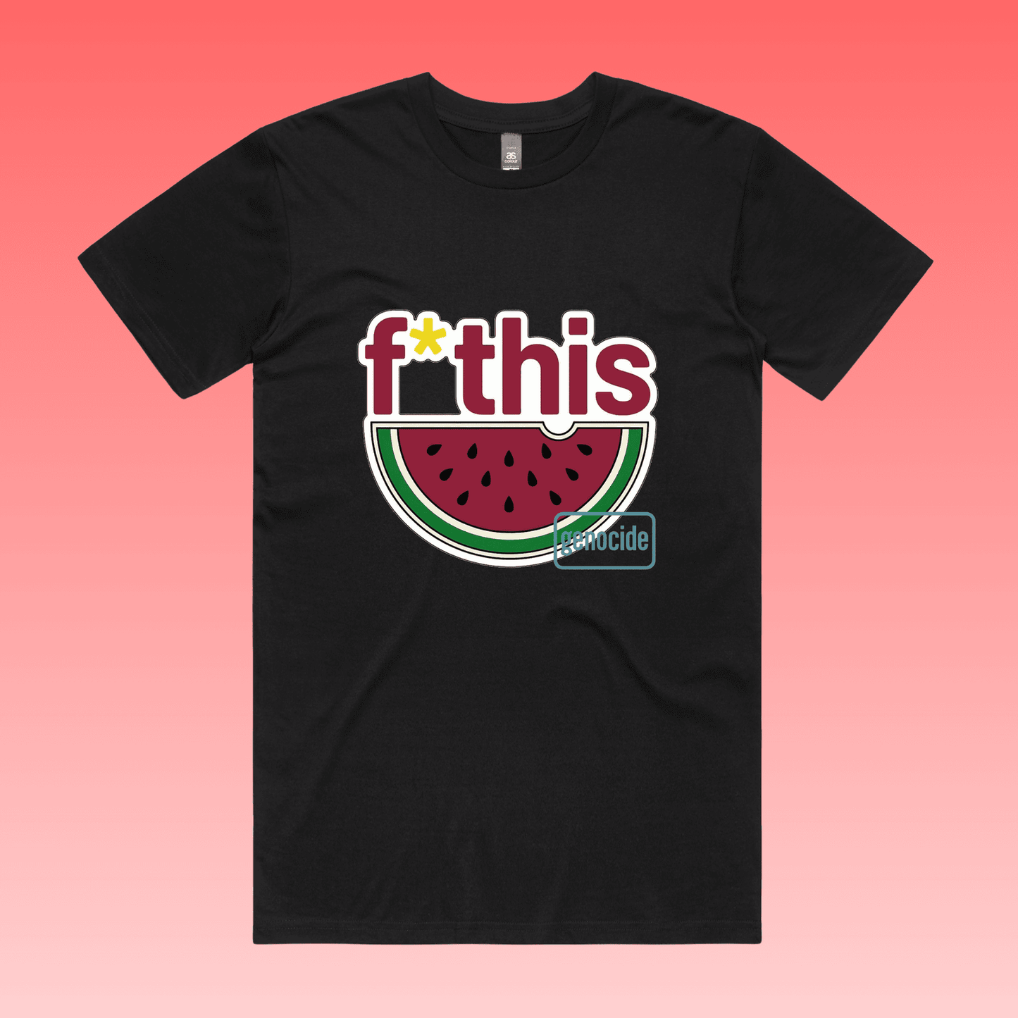 fruity - black staple men’s unisex t-shirt featuring “f*this genocide” text with stylised watermelon illustration