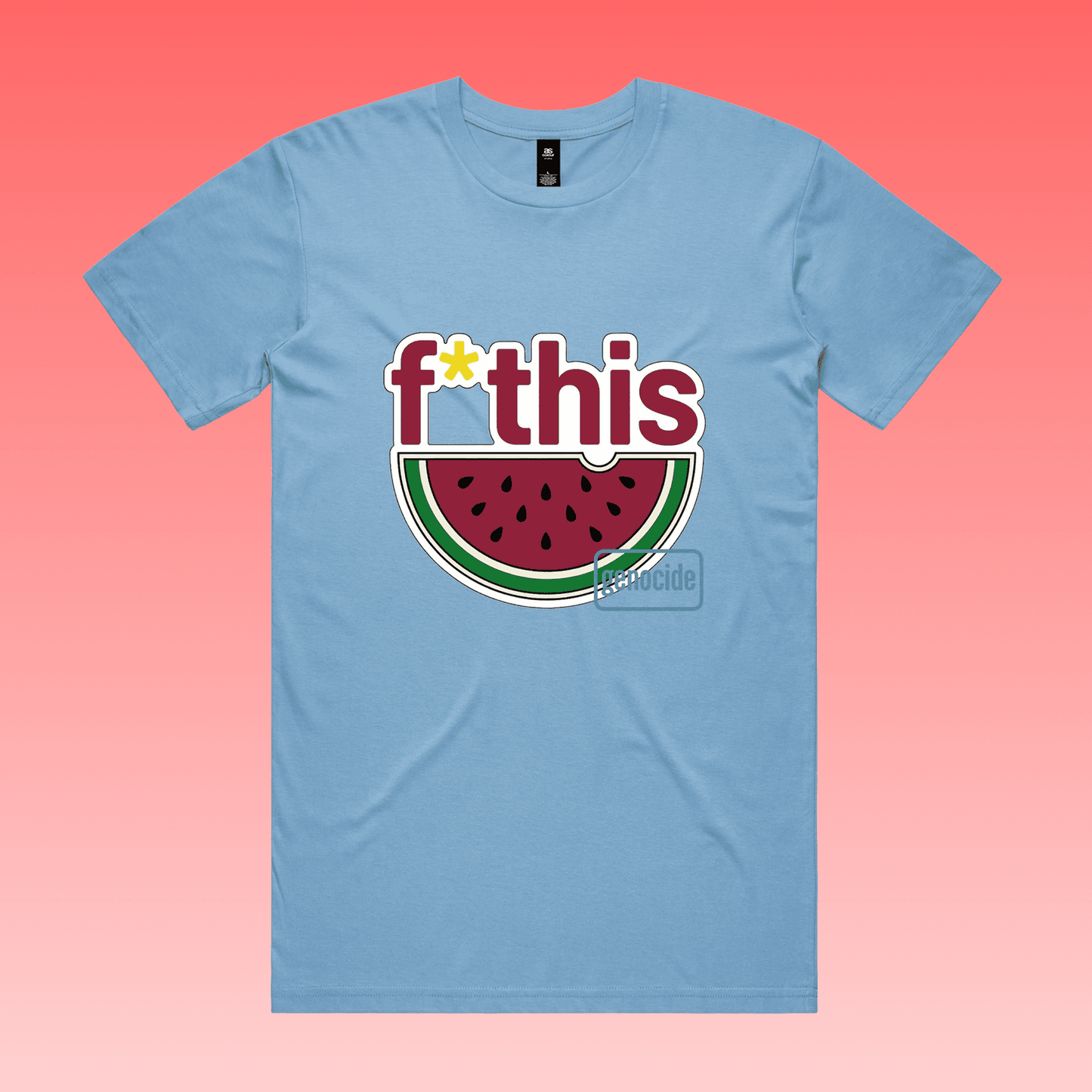 fruity - carolina blue men’s unisex t-shirt featuring “f*this genocide” text with stylised watermelon illustration