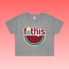 fruity - grey marle women’s unisex t-shirt featuring “f*this genocide” text with stylised watermelon illustration