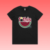 fruity - black maple women’s t-shirt featuring “f*this genocide” text with stylised watermelon illustration