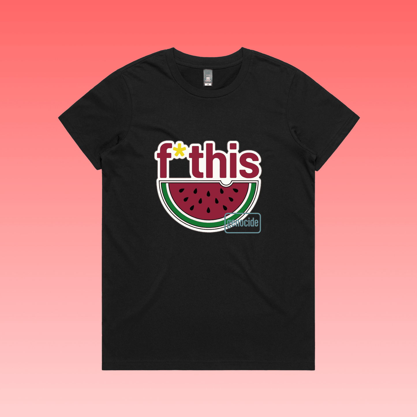 fruity - black maple women’s t-shirt featuring “f*this genocide” text with stylised watermelon illustration
