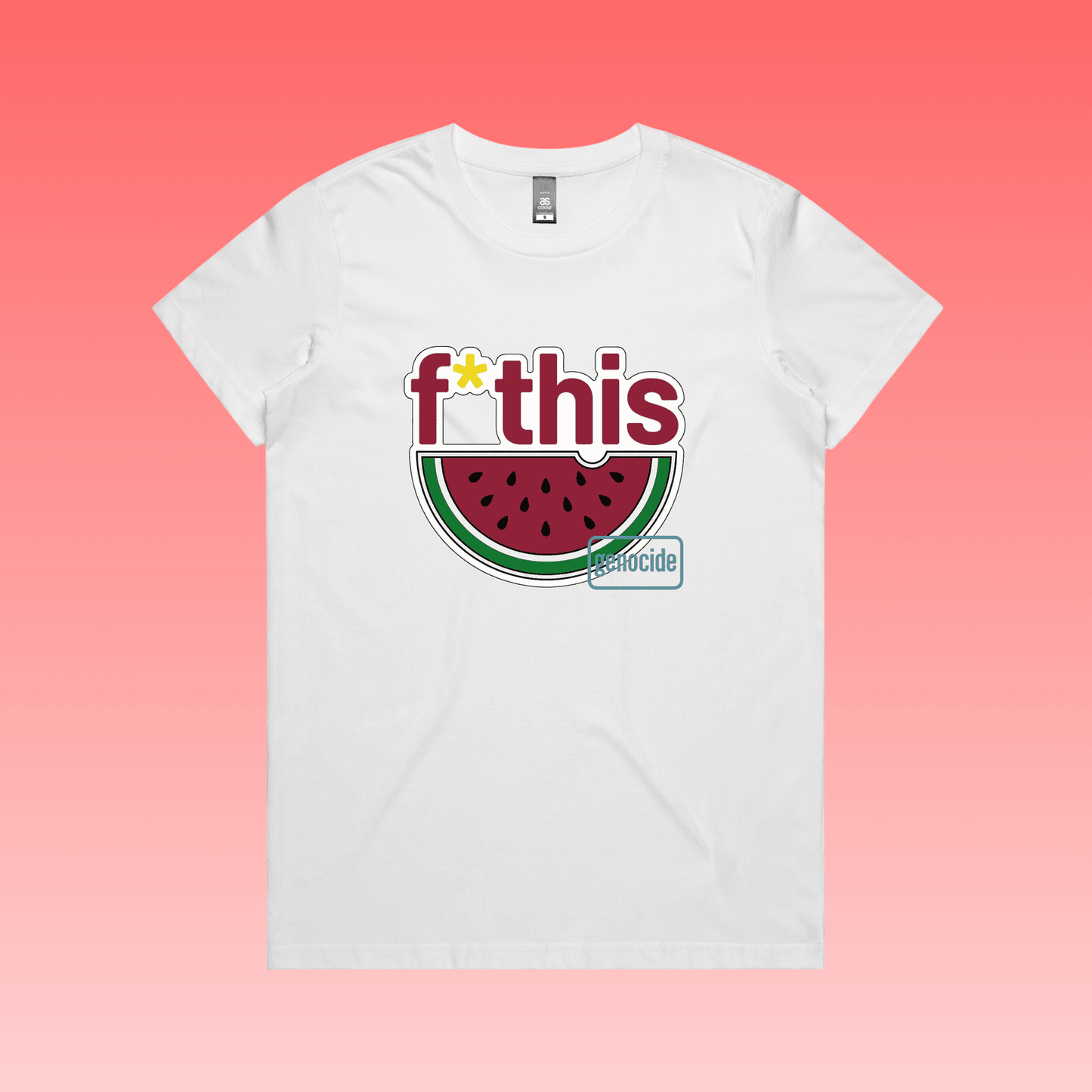 fruity - white maple women’s t-shirt featuring “f*this genocide” text with stylised watermelon illustration