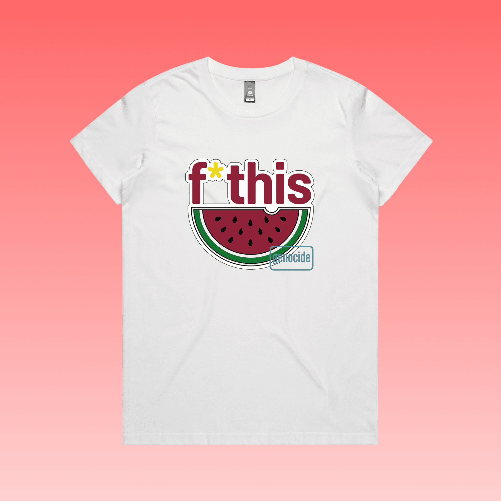 fruity - white maple women’s t-shirt featuring “f*this genocide” text with stylised watermelon illustration