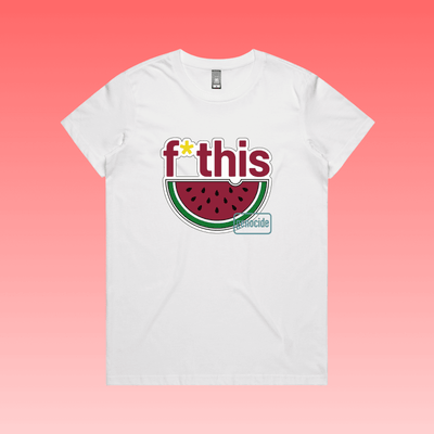 fruity - white maple women’s t-shirt featuring “f*this genocide” text with stylised watermelon illustration