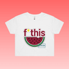 fruity - white crop women’s unisex t-shirt featuring “f*this genocide” text with stylised watermelon illustration