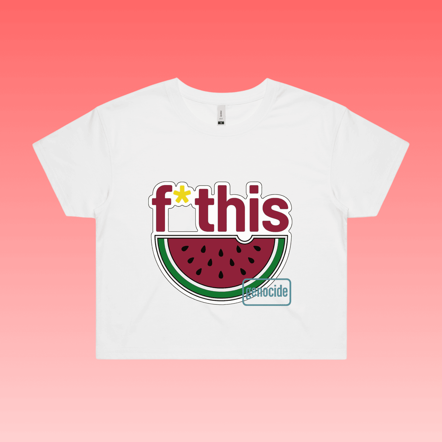 fruity - white crop women’s unisex t-shirt featuring “f*this genocide” text with stylised watermelon illustration