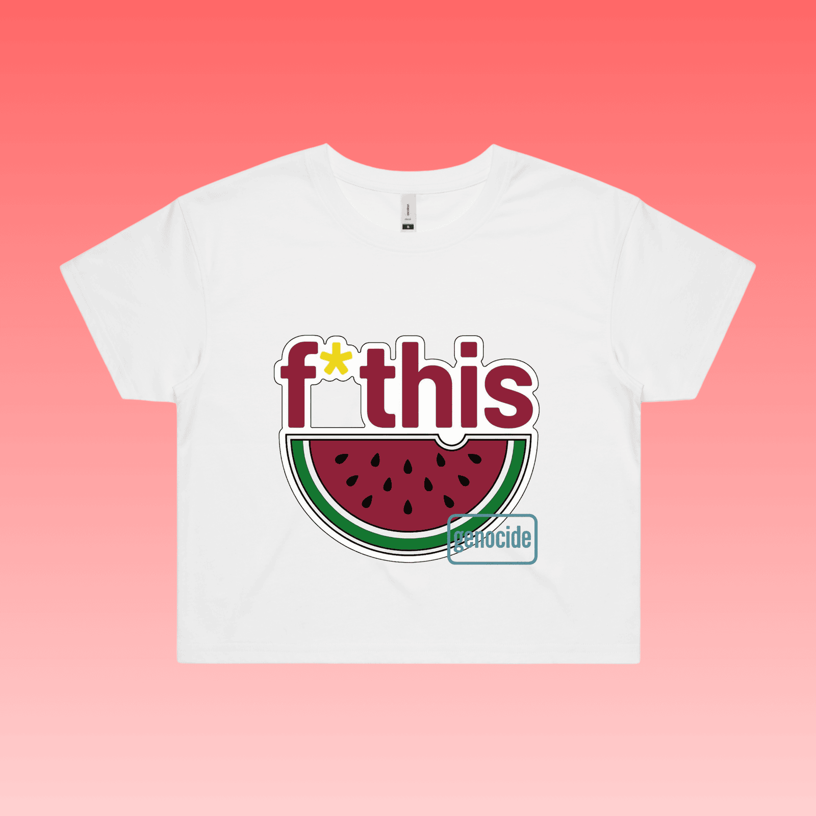 fruity - white crop women’s unisex t-shirt featuring “f*this genocide” text with stylised watermelon illustration