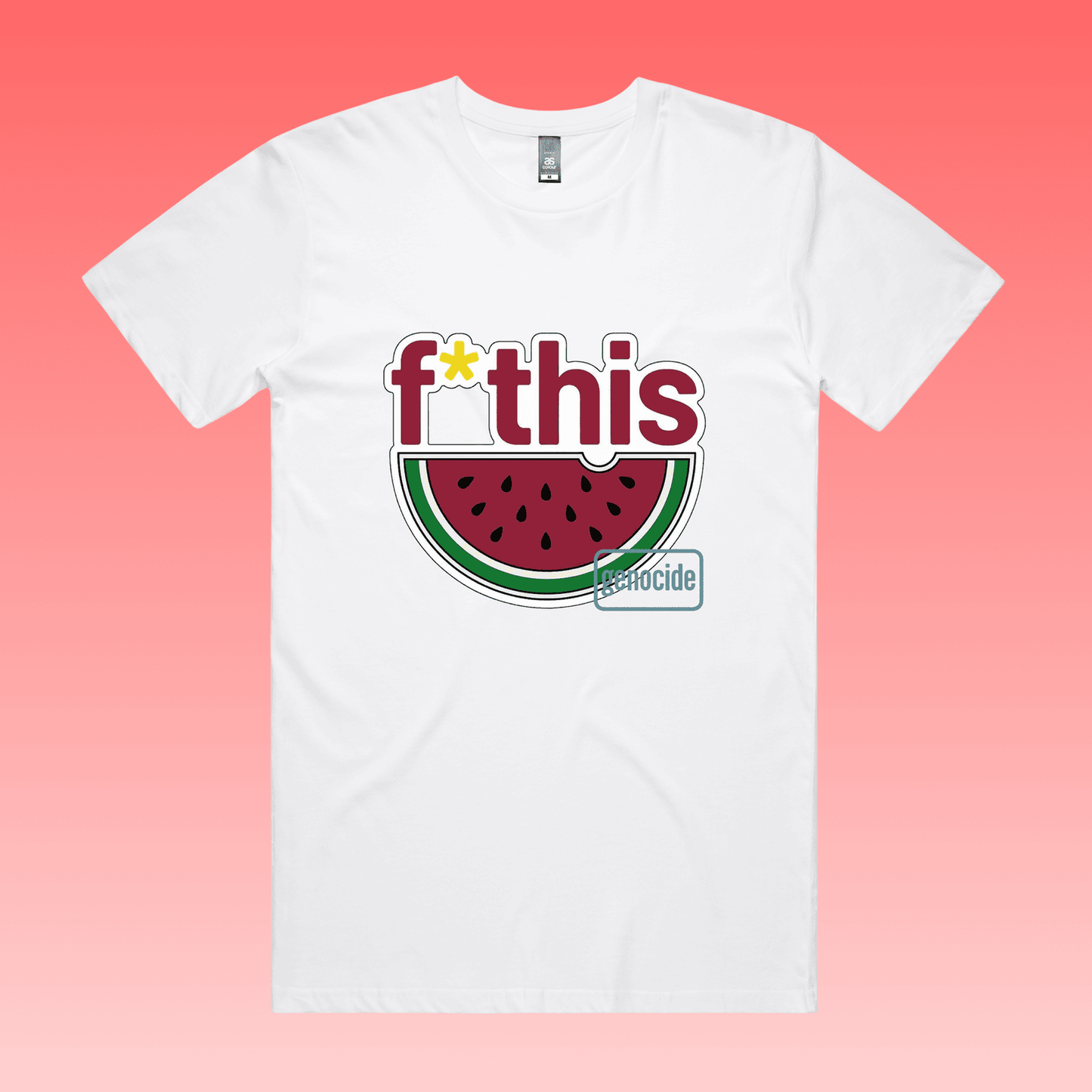 fruity - white classic men’s unisex t-shirt featuring “f*this genocide” text with stylised watermelon illustration