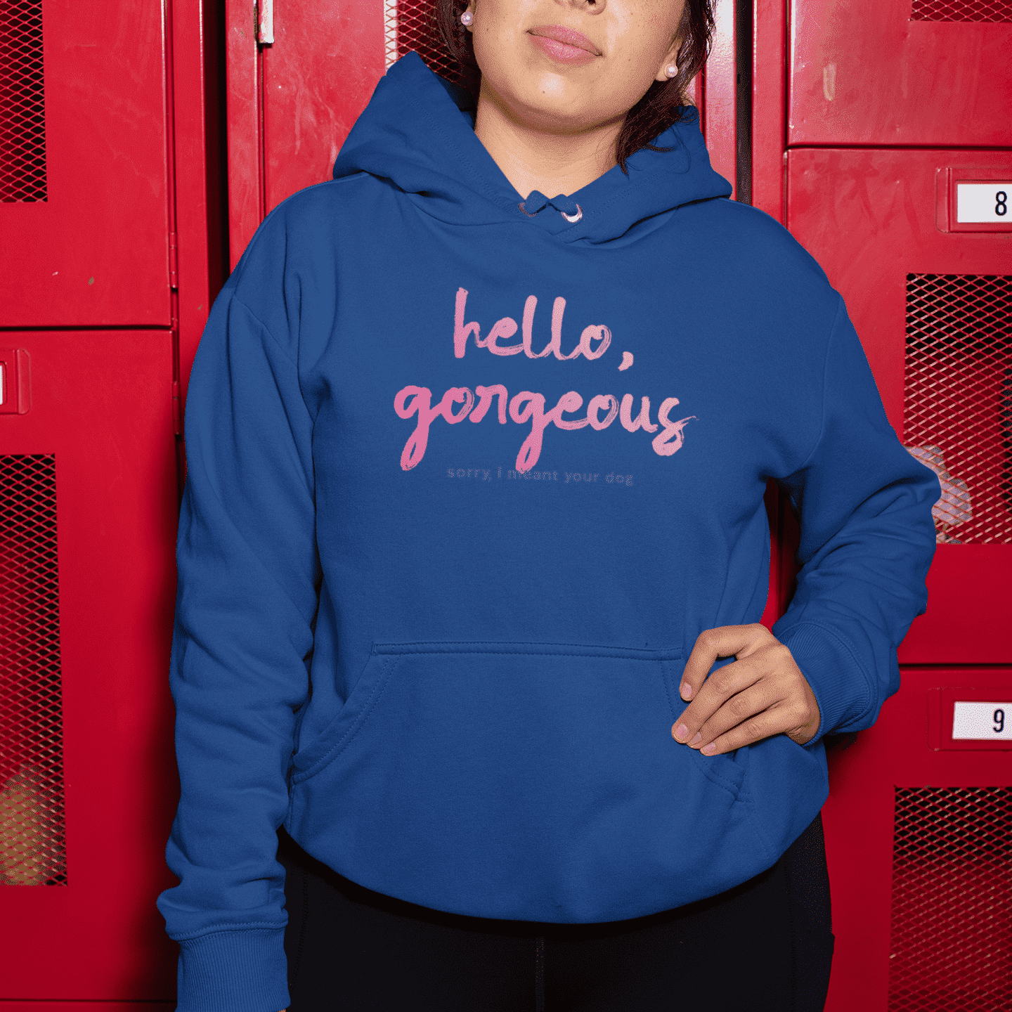 "Hello gorgeous! I meant your dog" - women's sweater in cobalt mockup - fthis