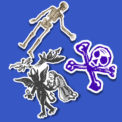 halloween sticker pack - vintage woodcut skeleton, skull and crossbones and mansplaining devil stickers - fthis