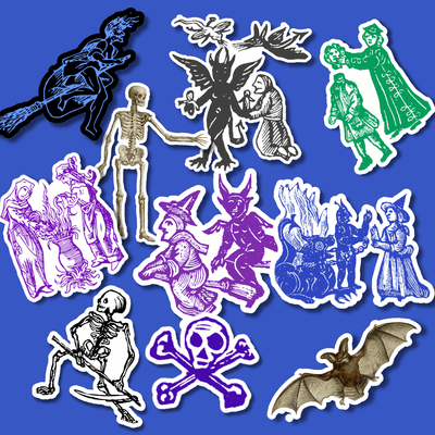 Scattered collection of halloween stickers on blue background. Medieval woodcut.