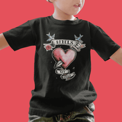 children's black rebels heart net zero tee worn by a child, old fashioned classic sailor tattoo style design