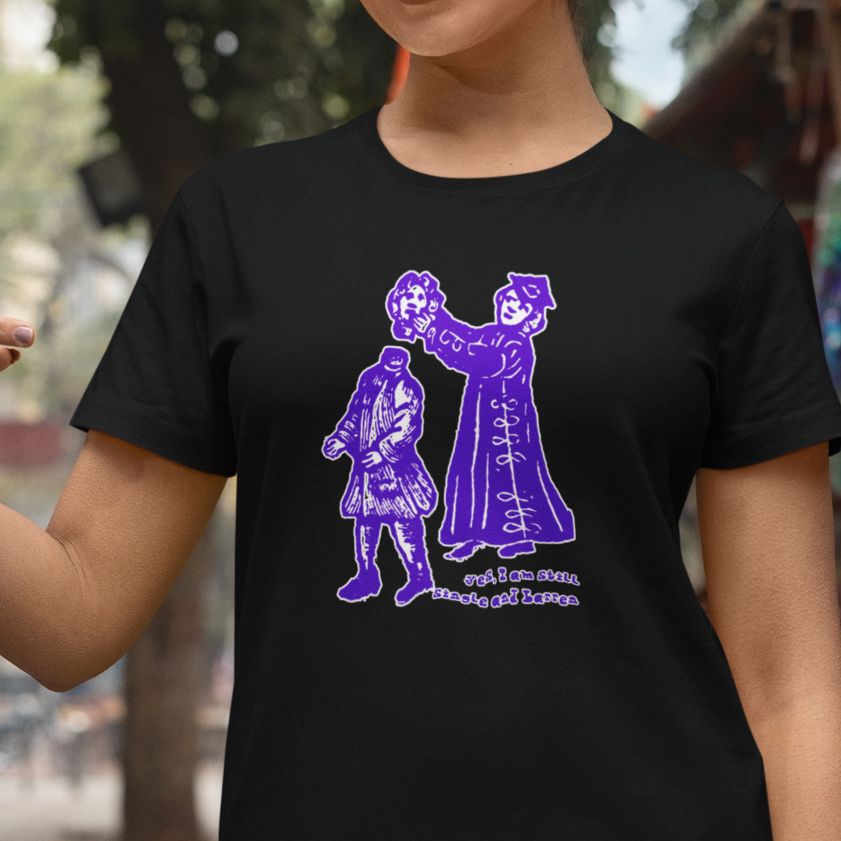 “still single and barren” tee – vintage woodcut feminist graphic shirt