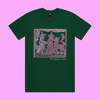 May my dog also attend? - emerald classic t-shirt with medieval woodcut style illustration of witches with a demon-dog - fthi