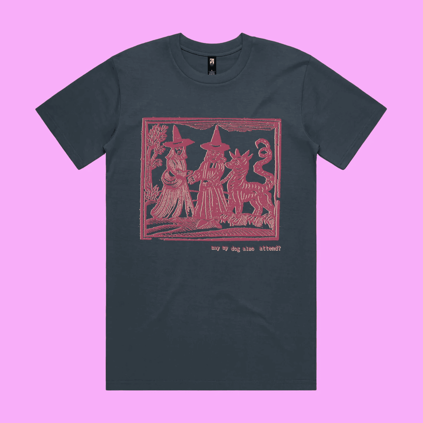 May my dog also attend? - petrol blue classic t-shirt with medieval woodcut style illustration of witches with a demon-dog - 