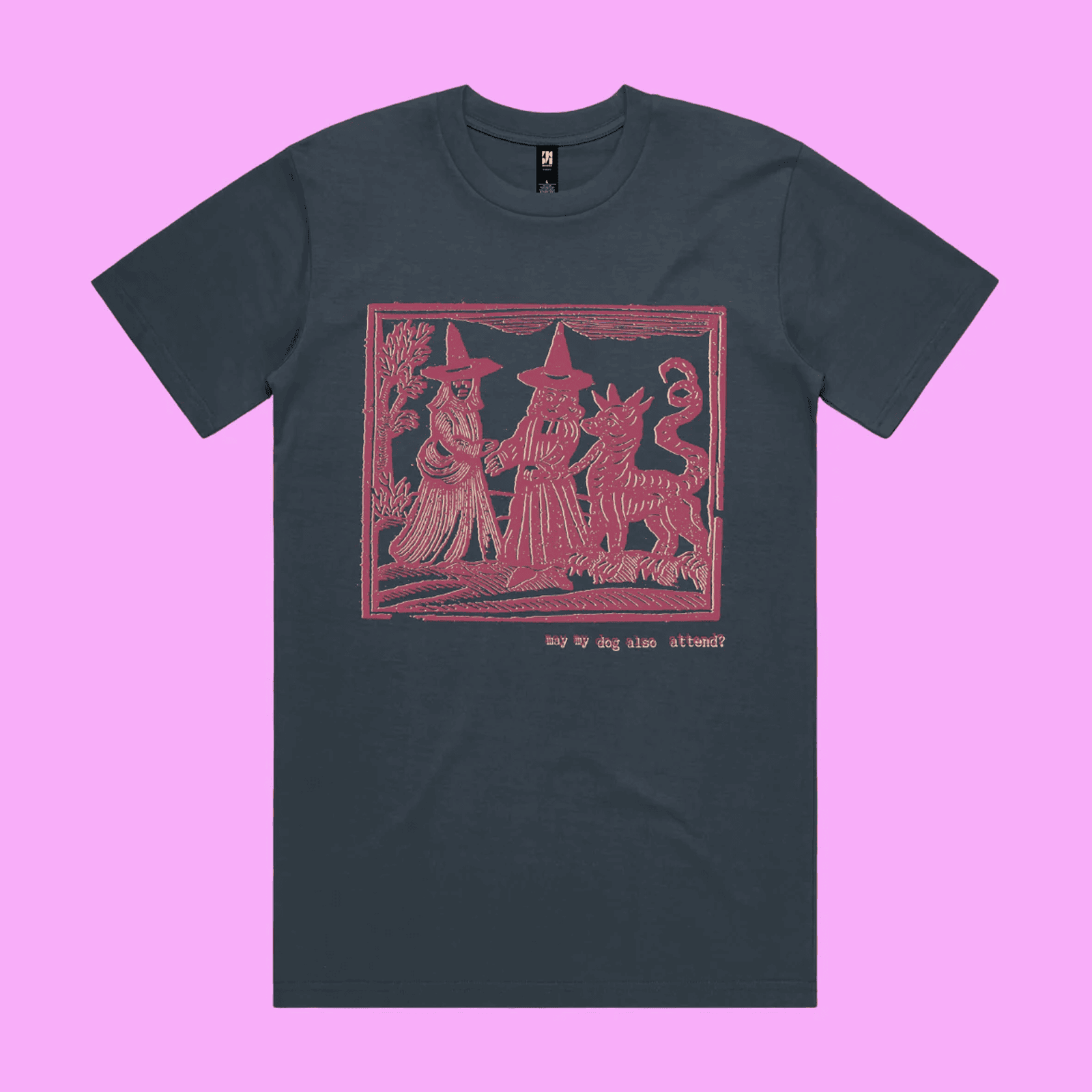 May my dog also attend? - petrol blue classic t-shirt with medieval woodcut style illustration of witches with a demon-dog - 