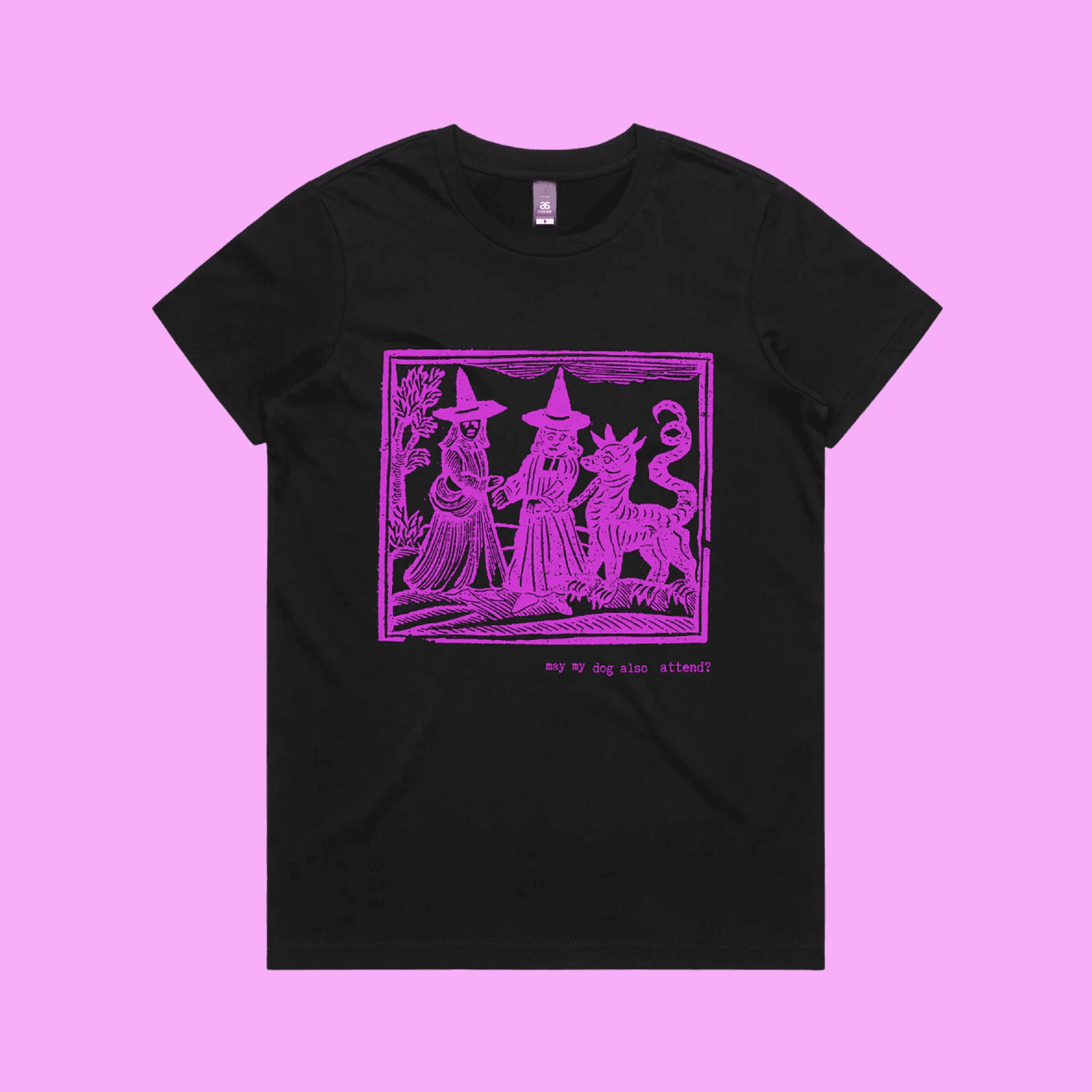 May my dog also attend? - black maple t-shirt with medieval woodcut style illustration of witches with a demon-dog - fthis