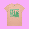 May my dog also attend? - pink maple t-shirt with medieval woodcut style illustration of witches with a demon-dog - fthis
