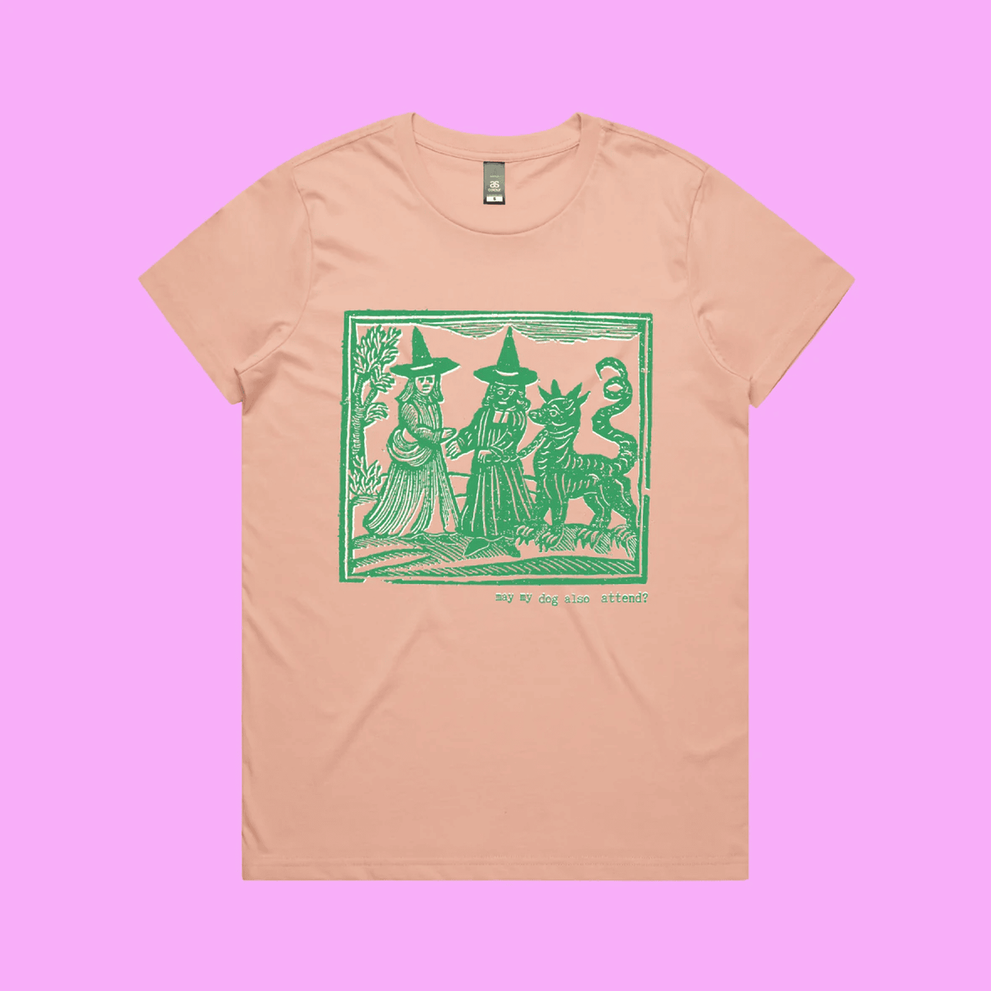 May my dog also attend? - pink maple t-shirt with medieval woodcut style illustration of witches with a demon-dog - fthis