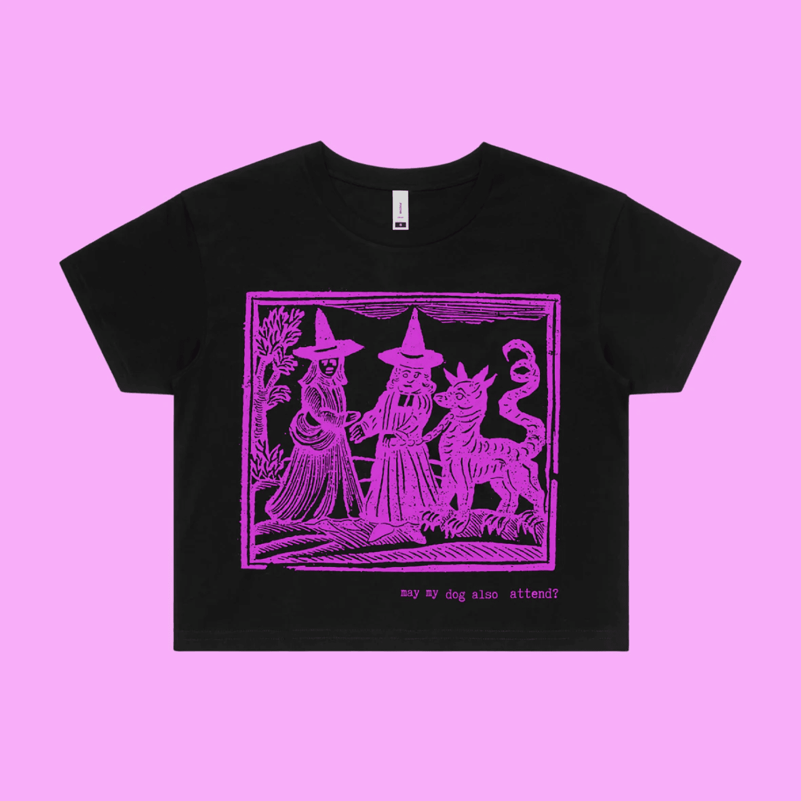 May my dog also attend? - black crop t-shirt with medieval woodcut style illustration of witches with a demon-dog - fthis