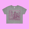 May my dog also attend? - grey marle crop t-shirt with medieval woodcut style illustration of witches with a demon-dog - fthi