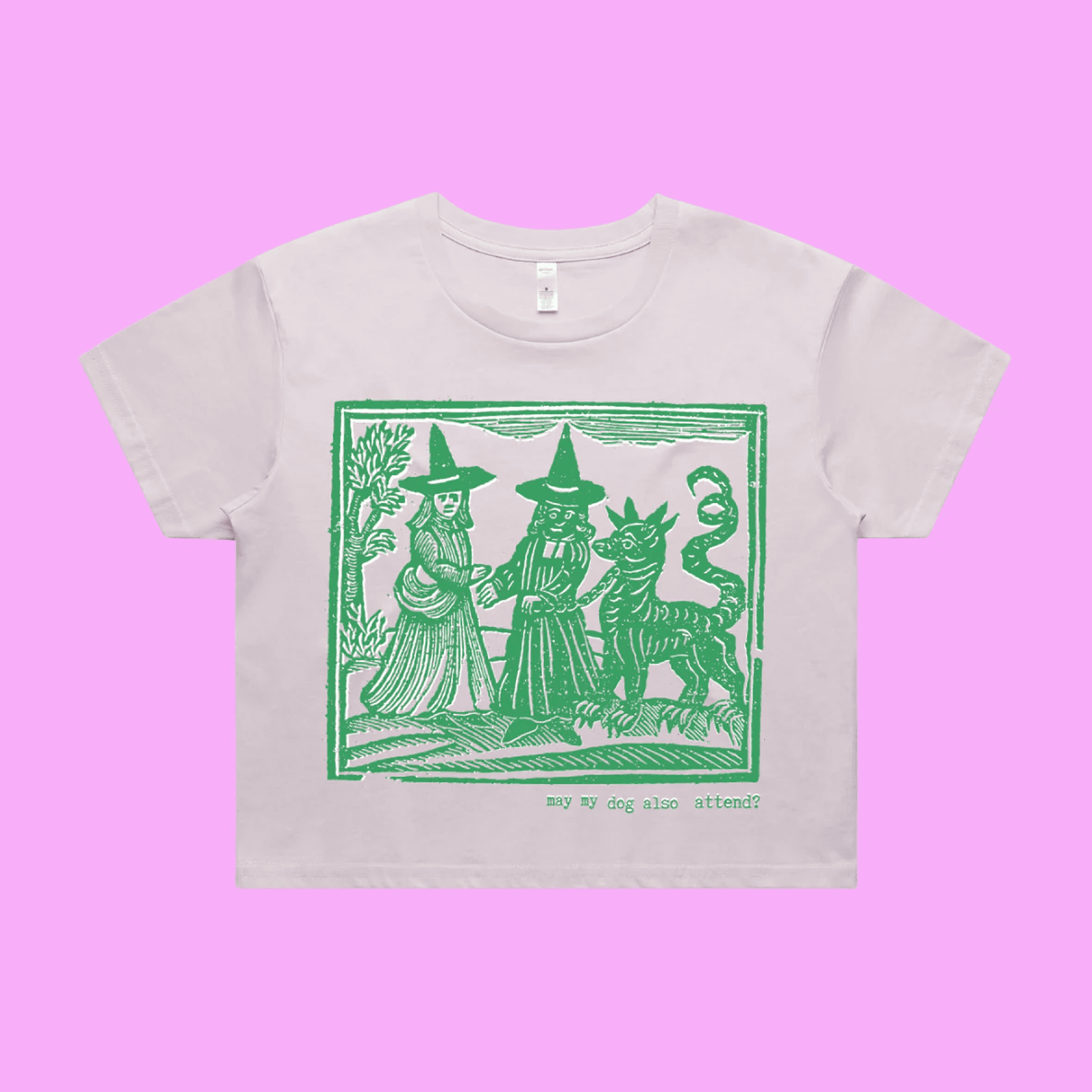 May my dog also attend? - orchid crop t-shirt with medieval woodcut style illustration of witches with a demon-dog - fthis