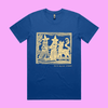 May my dog also attend? - bright royal blue classic t-shirt with medieval woodcut style illustration of witches with a demon-