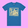 May my dog also attend? - arctic blue staple t-shirt with medieval woodcut style illustration of witches with a demon-dog - f