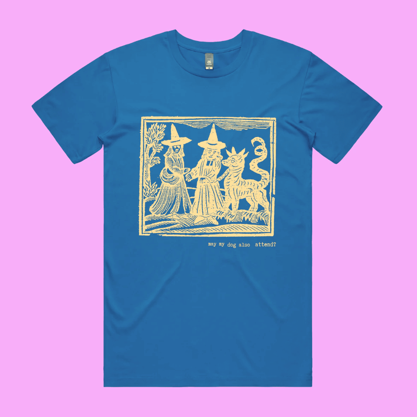 May my dog also attend? - arctic blue staple t-shirt with medieval woodcut style illustration of witches with a demon-dog - f