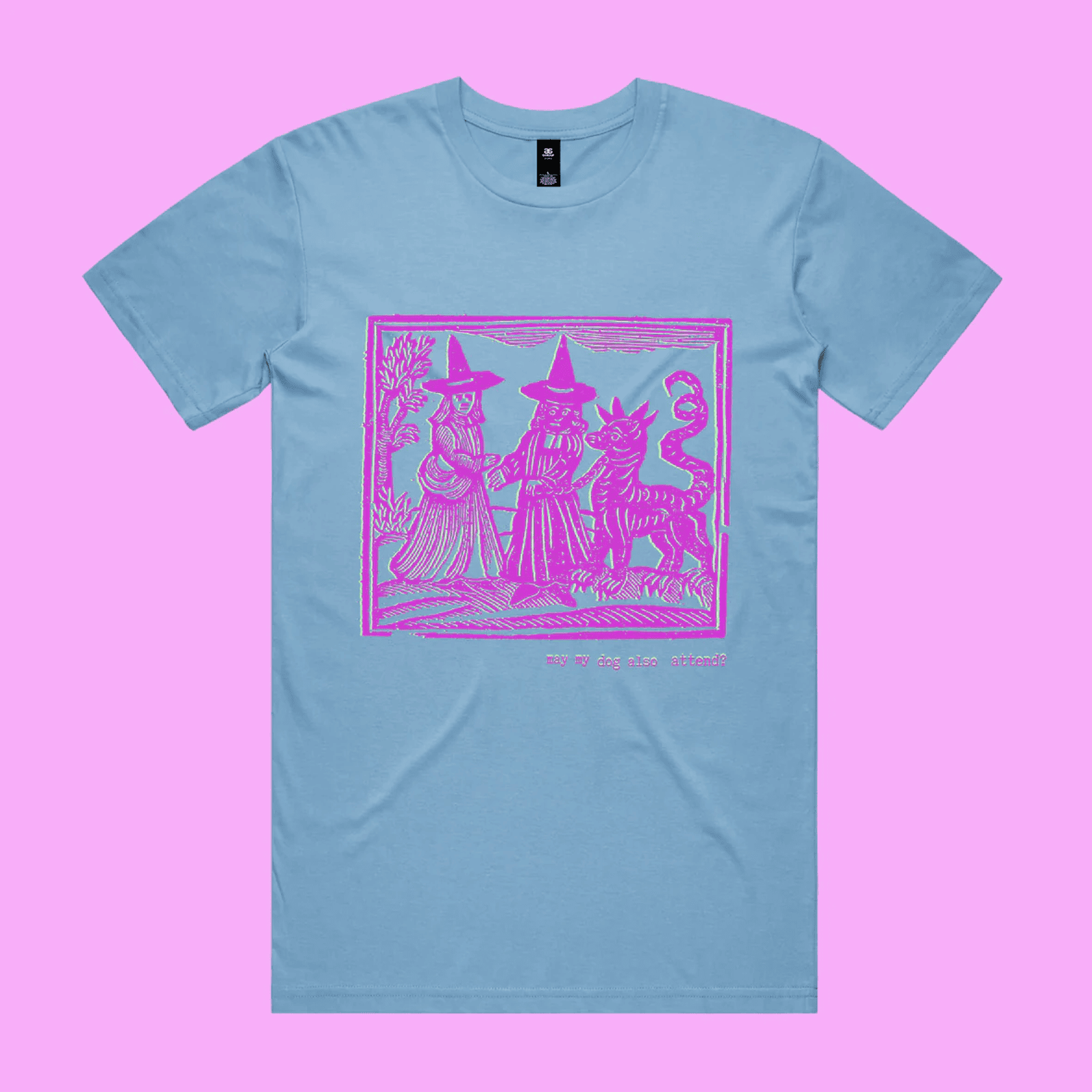 May my dog also attend? - carolina blue staple t-shirt with medieval woodcut style illustration of witches with a demon-dog -