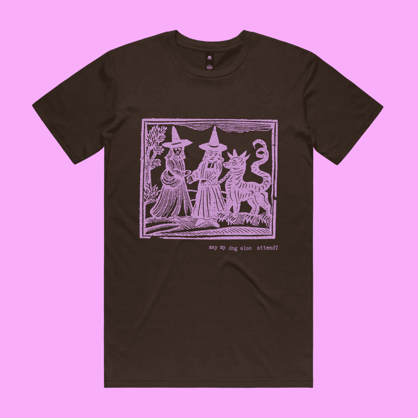 May my dog also attend? - dark chocolate staple t-shirt with medieval woodcut style illustration of witches with a demon-dog 