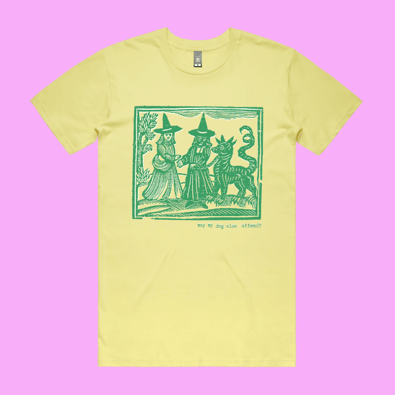 May my dog also attend? - lemonade staple t-shirt with medieval woodcut style illustration of witches with a demon-dog - fthi