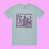May my dog also attend? - pale blue staple t-shirt with medieval woodcut style illustration of witches with a demon-dog - fth