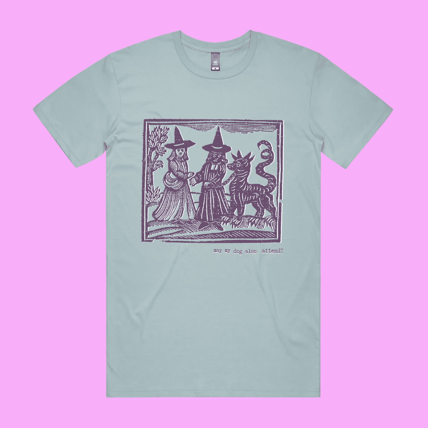 May my dog also attend? - pale blue staple t-shirt with medieval woodcut style illustration of witches with a demon-dog - fth