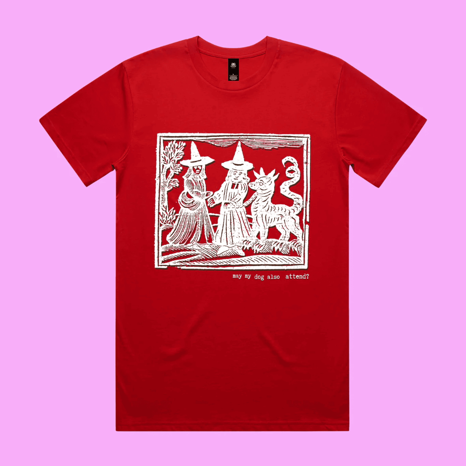 May my dog also attend? - red staple t-shirt with medieval woodcut style illustration of witches with a demon-dog - fthis