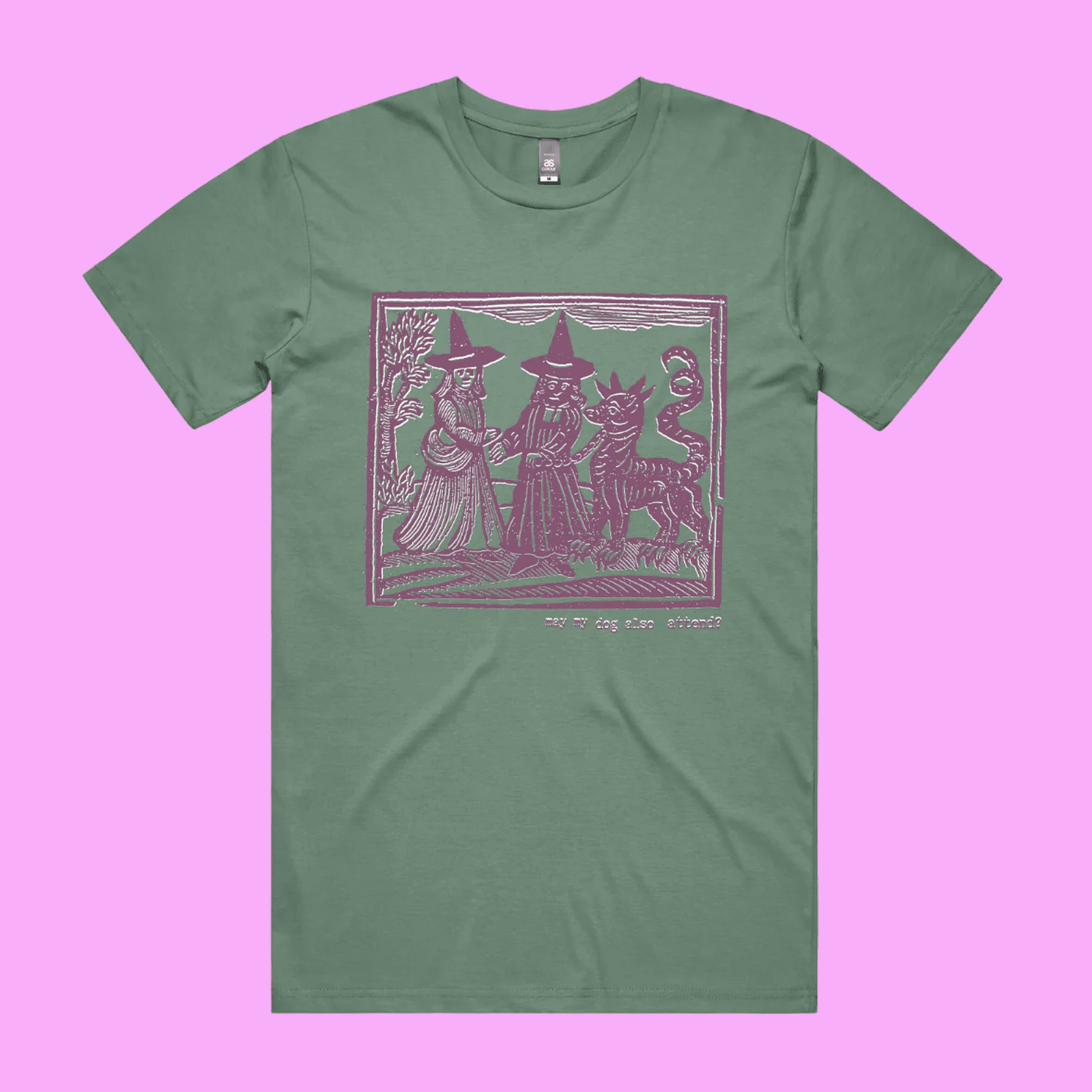 May my dog also attend? - sage staple t-shirt with medieval woodcut style illustration of witches with a demon-dog - fthis