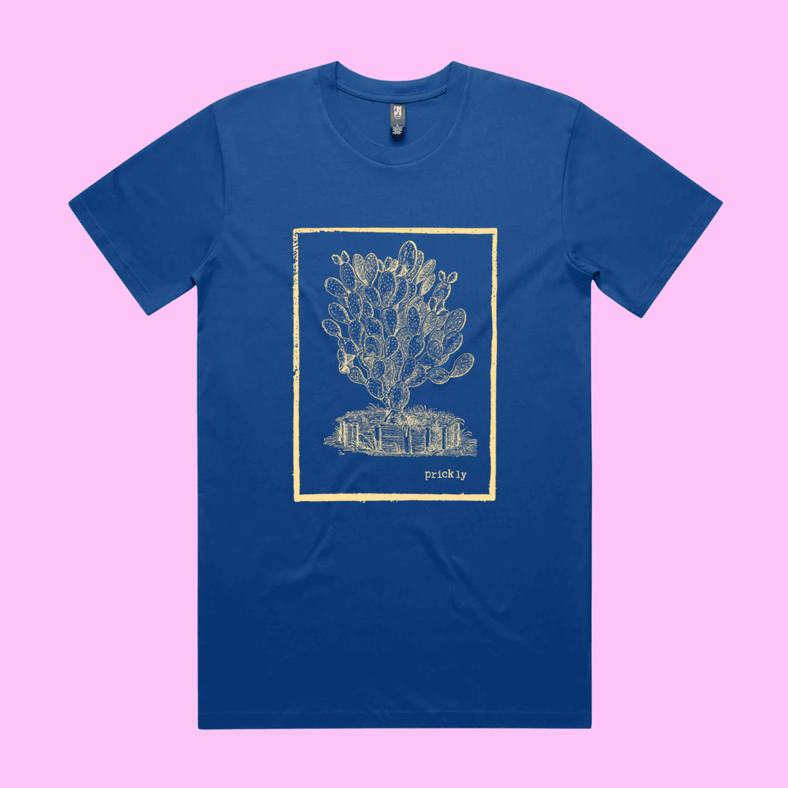Prickly - bright royal blue classic t-shirt with vintage woodcut style illustration of a cactus - fthis