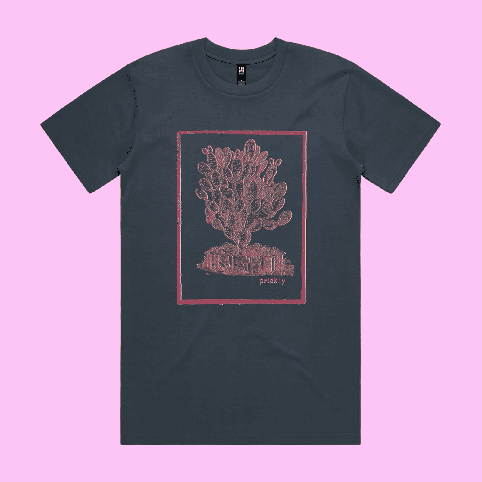 Prickly - petrol blue classic t-shirt with vintage woodcut style illustration of a cactus - fthis