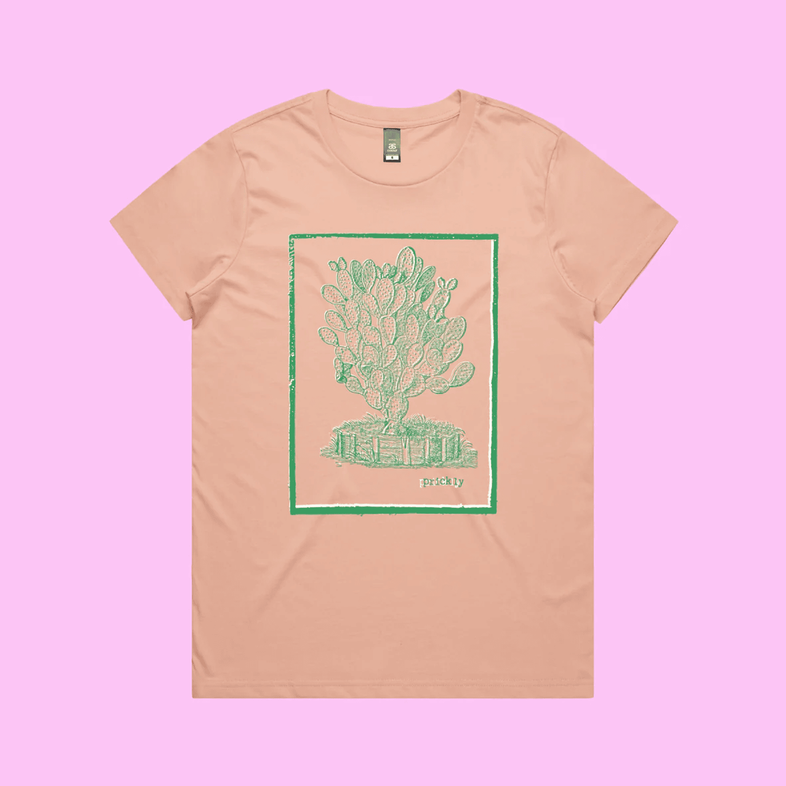 Prickly - pink maple t-shirt with vintage woodcut style illustration of a cactus - fthis