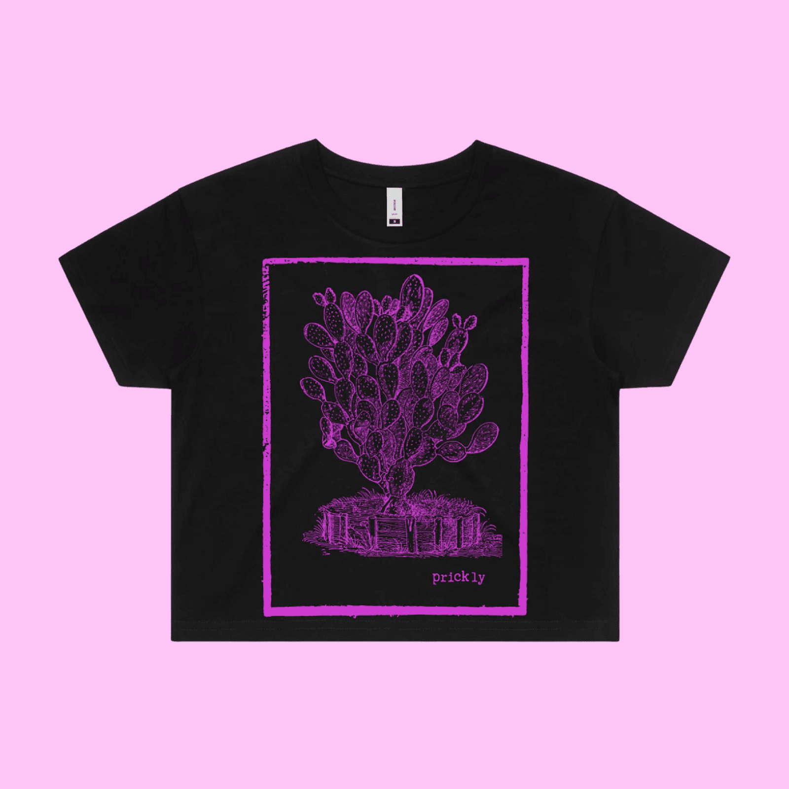 Prickly - black crop t-shirt with vintage woodcut style illustration of a cactus - fthis