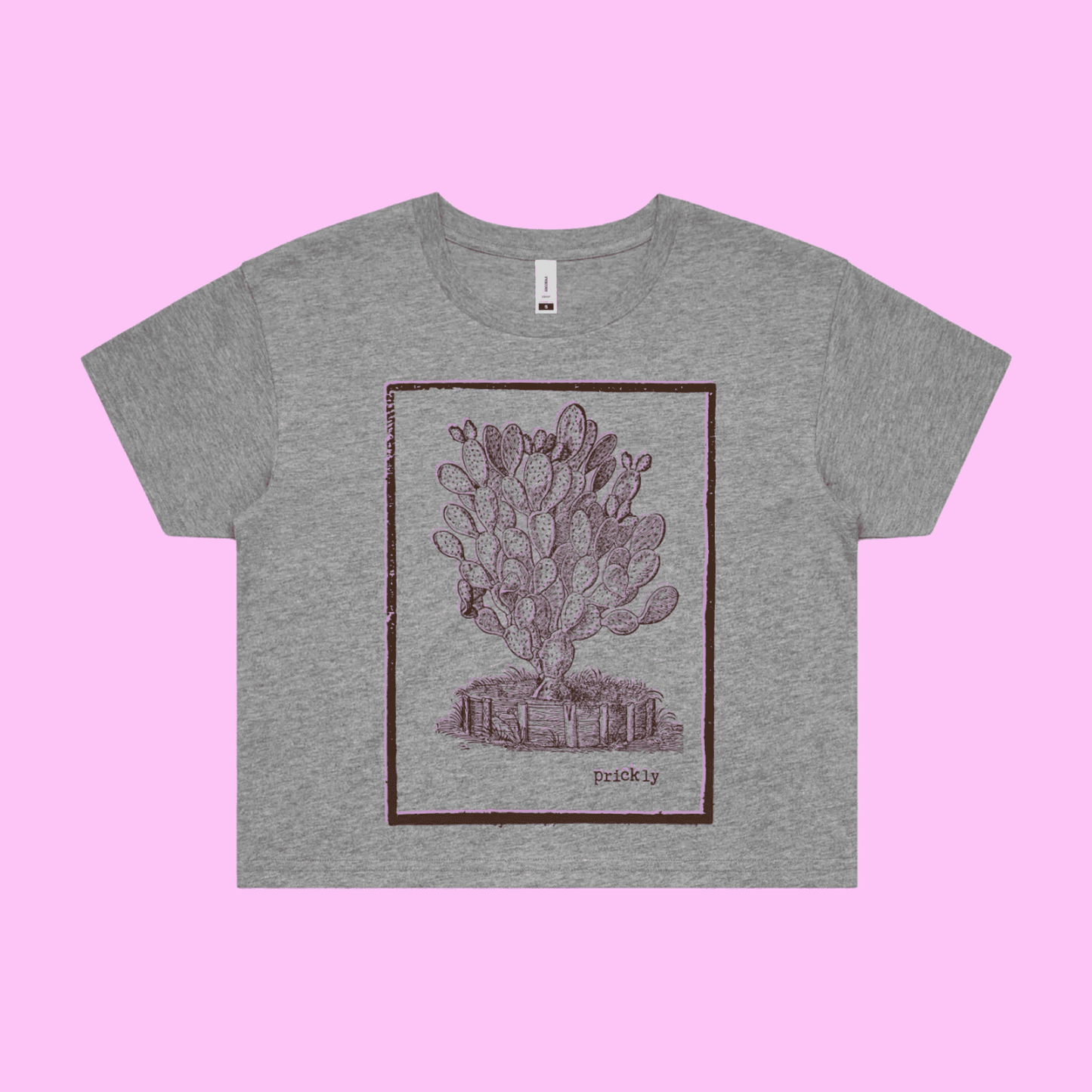 Prickly - grey marle crop t-shirt with vintage woodcut style illustration of a cactus - fthis