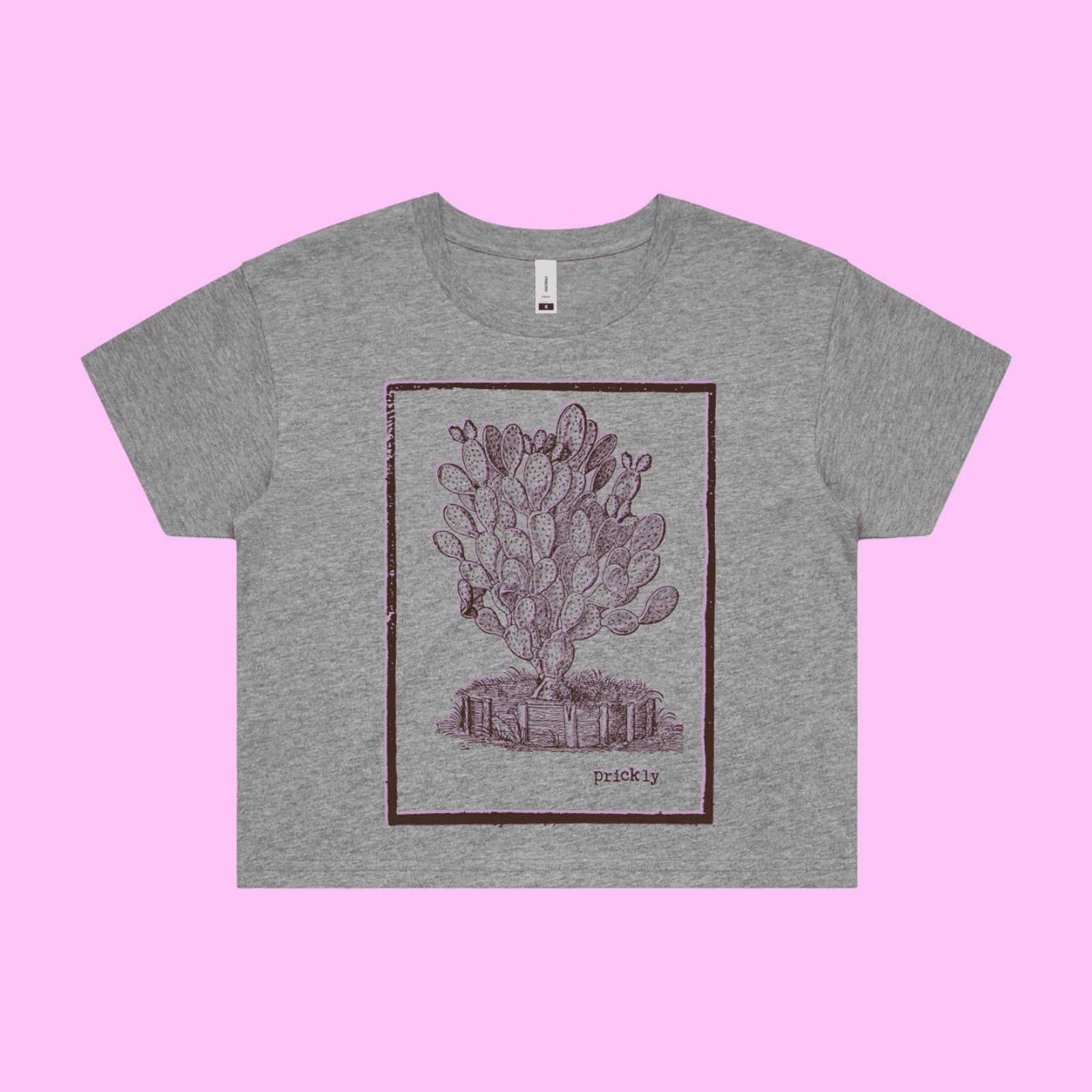 Prickly - grey marle crop t-shirt with vintage woodcut style illustration of a cactus - fthis